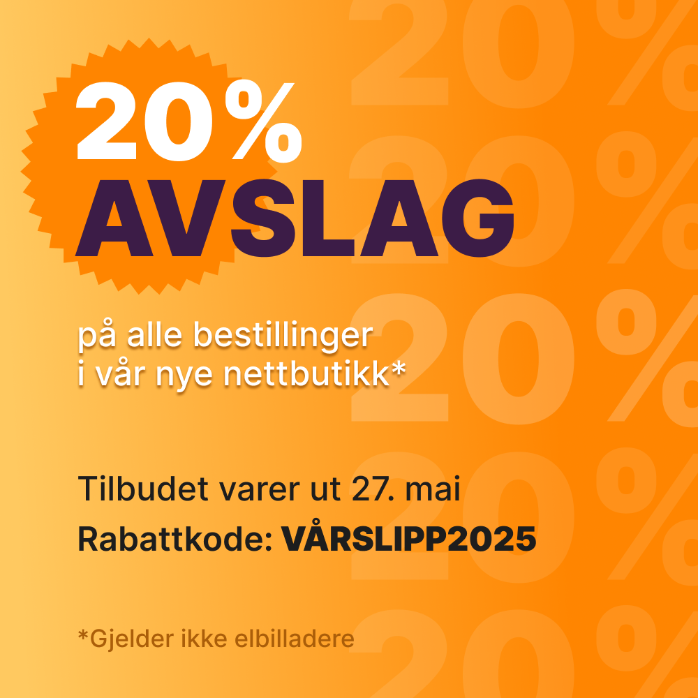 20% avslag på fastpristjenester i vår nye nettbutikk. Gjelder ikke elbilladestasjoner. Rabattkode: VÅRSLIPP2025
